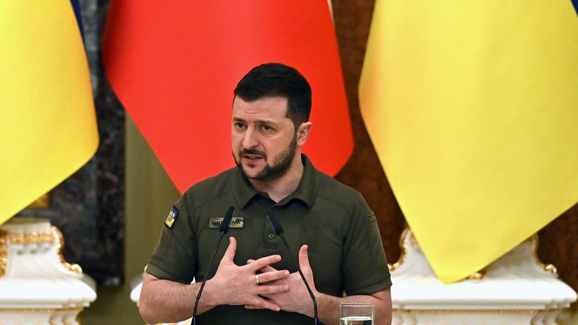 Ukrainian President Volodymyr Zelensky gives a press-conference following his meeting with his Polish counterpart in Kyiv on May 22
