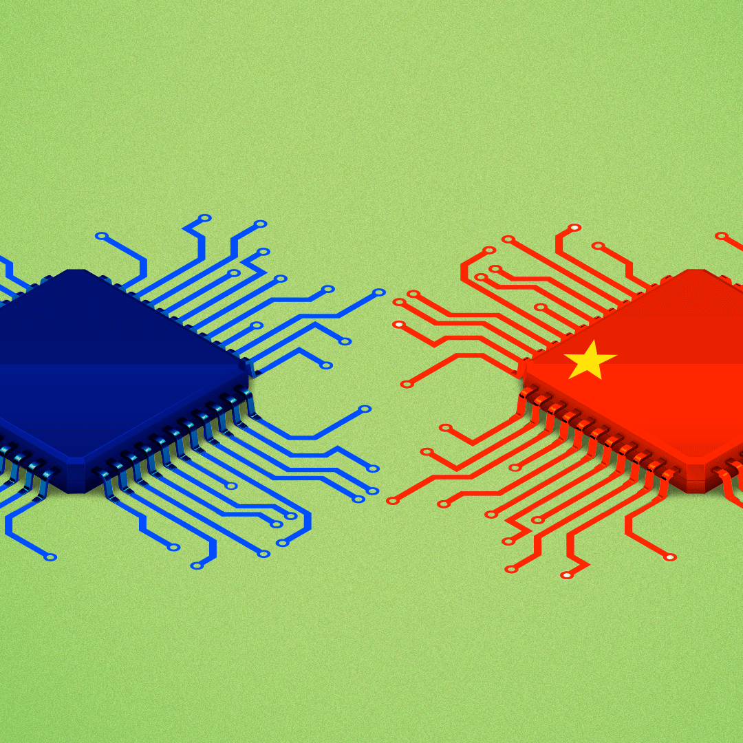 Animated illustration of two computer chips, one with American coloring and one with Chinese coloring. Their circuits are spreading out in different directions. 