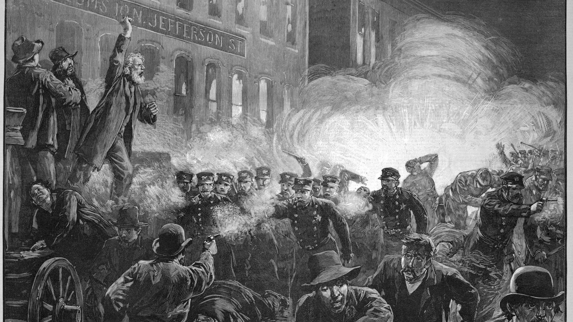 Black-and-white illustration of the Anarchist Riot in Chicago: a dynamite bomb explodes among police as men in coats and hats advance; smoke billows around a Jefferson Street building with rioting officers.