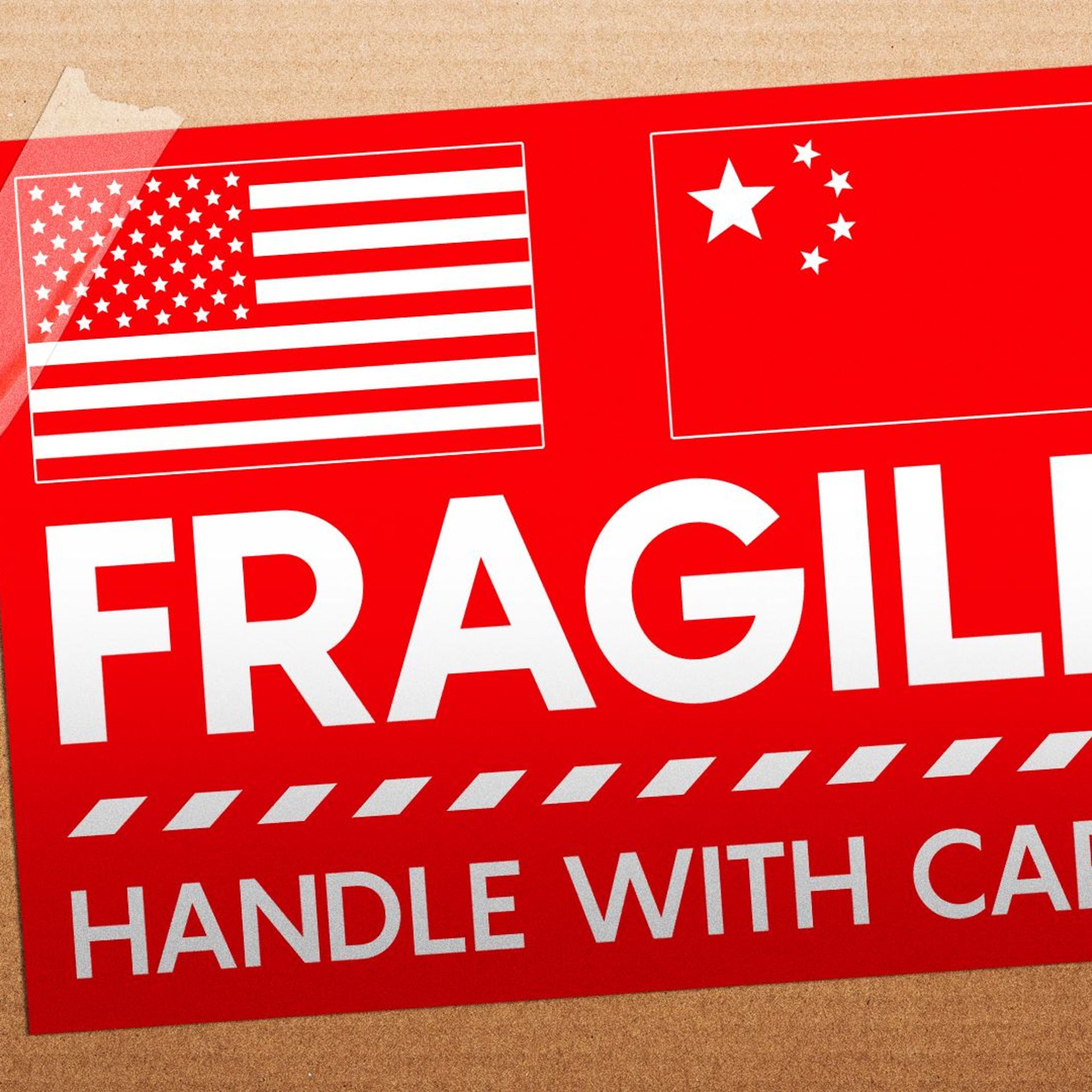 Illustration of a "fragile" sticker on a cardboard box showing the US and China flags. 