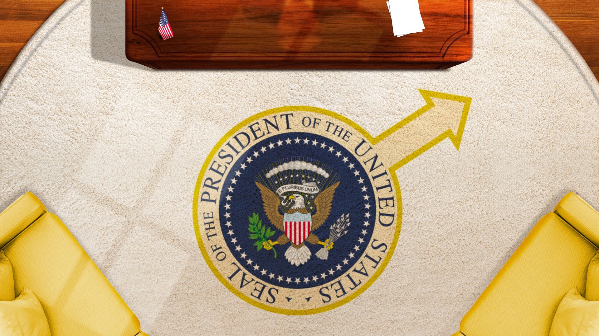 Illustration of the Oval Office with the Presidential Seal in the shape of the masculine symbol 