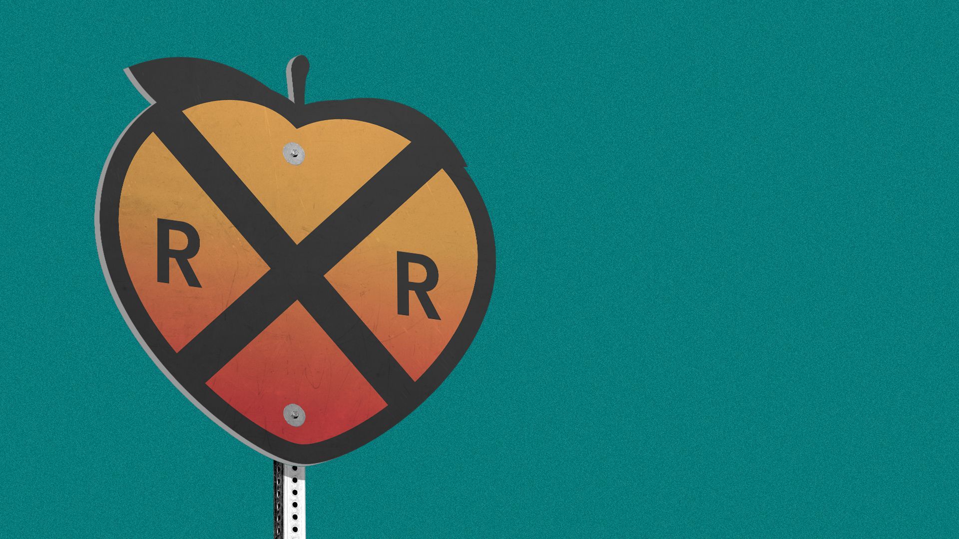 Illustration of a railroad sign shaped like a peach.