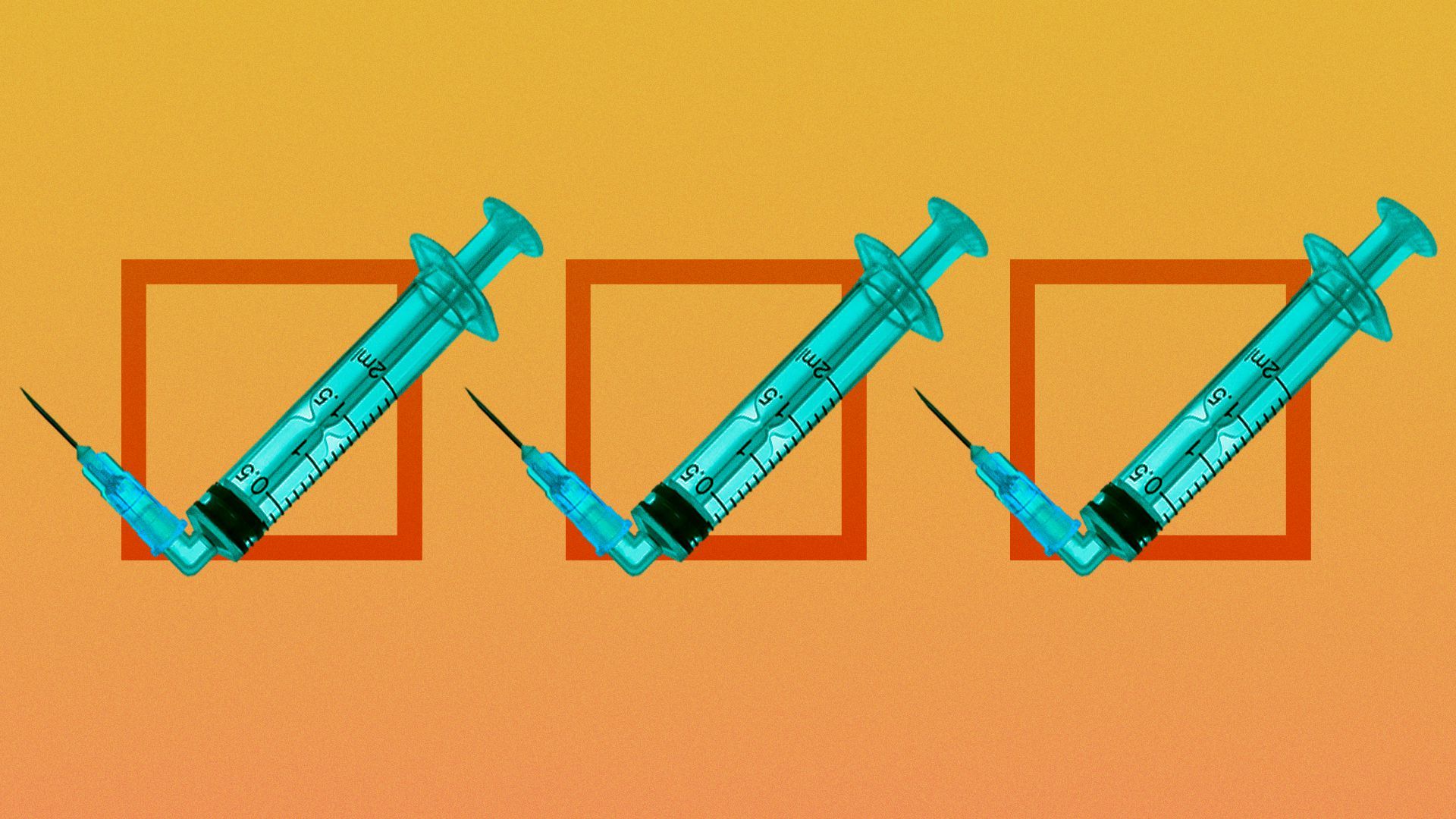 Illustration of three boxes that have a checkmark made of a syringe.