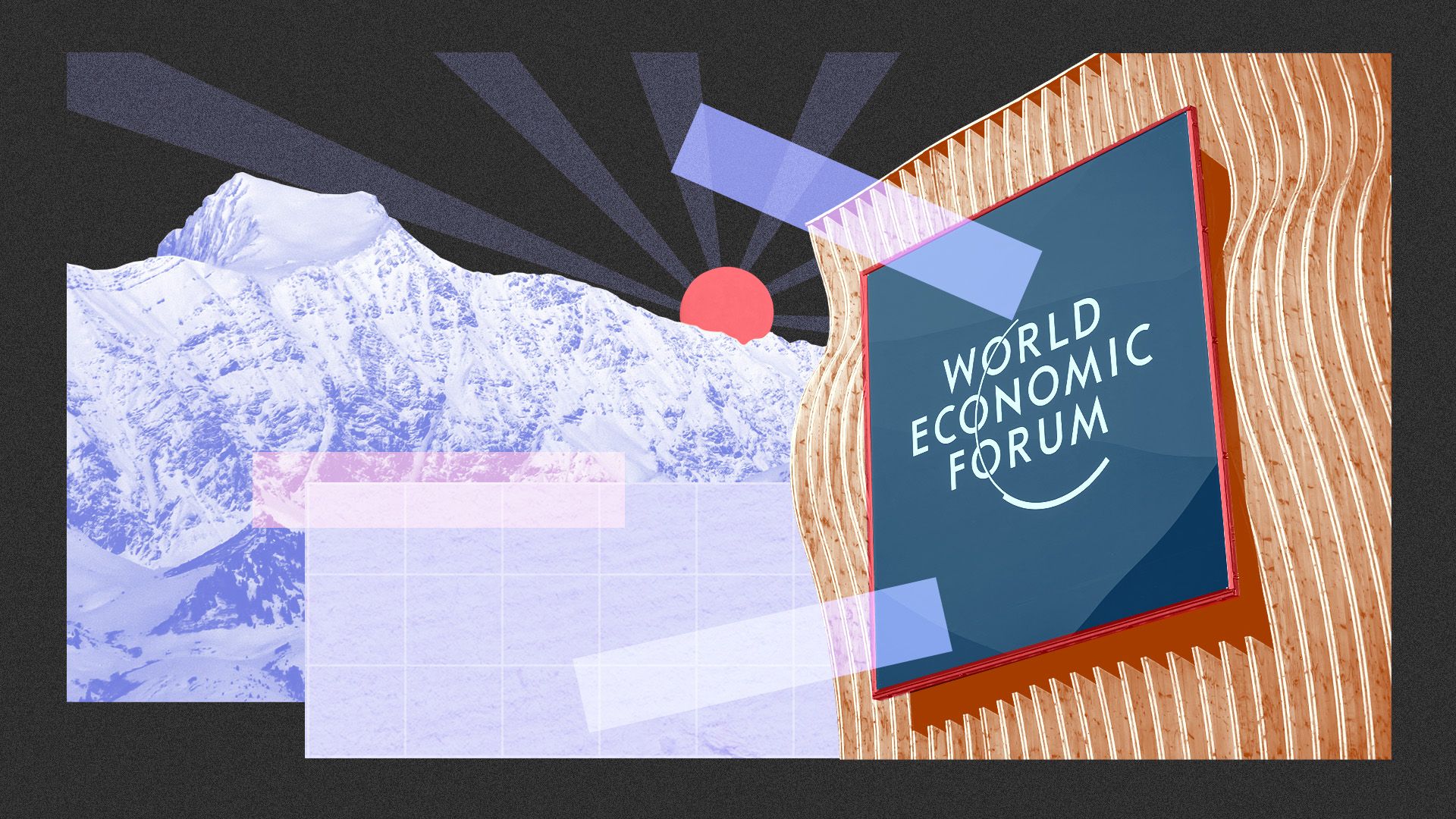 Photo illustration of a sign from the WEF with the Swiss Alps in the background 