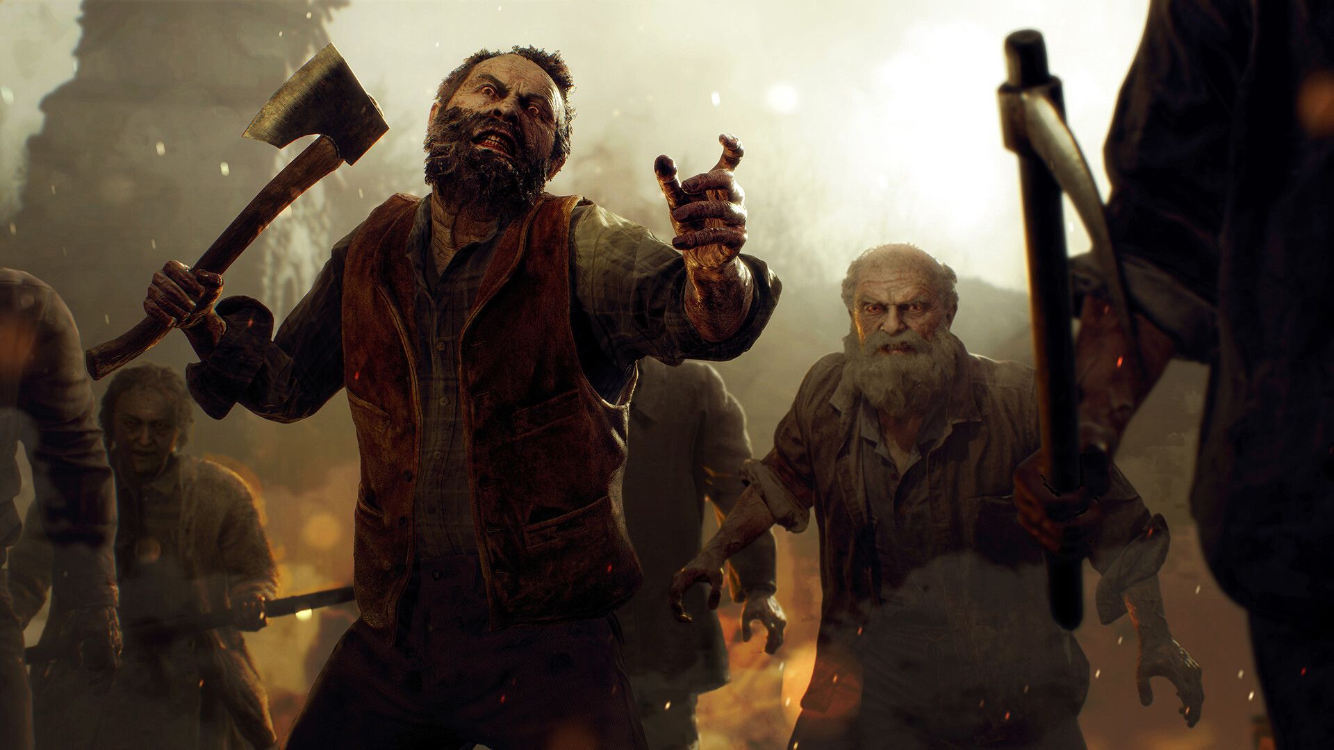 Video game screenshot of a zombified man wielding an axe