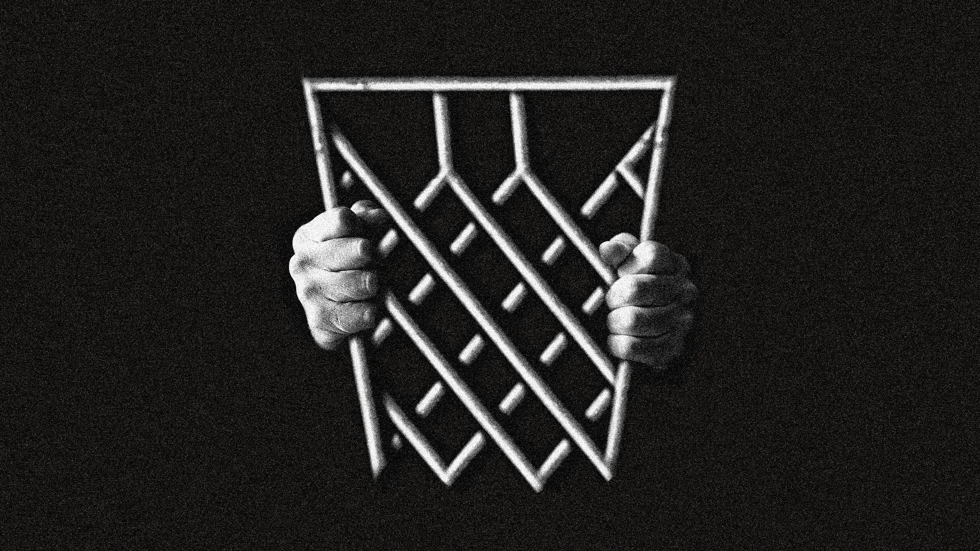 Illustration of a basketball net made out of prison bars