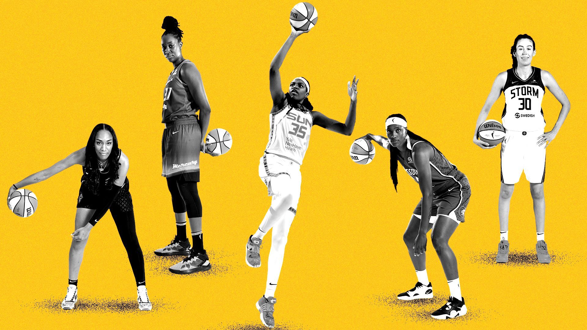 Photo illustration collage of WNBA players A'ja Wilson, Tina Charles, Jonquel Jones, Breanna Stewart, and Sylvia Fowles