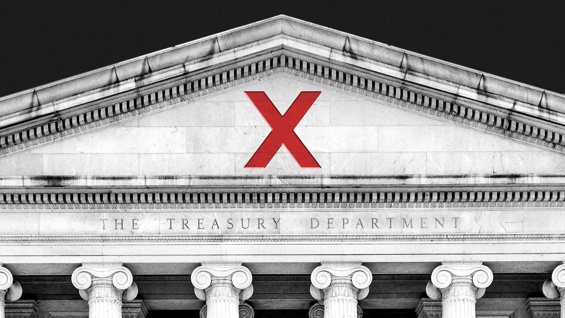 Illustration of the US Treasury building with an "X" chiseled into the stone.