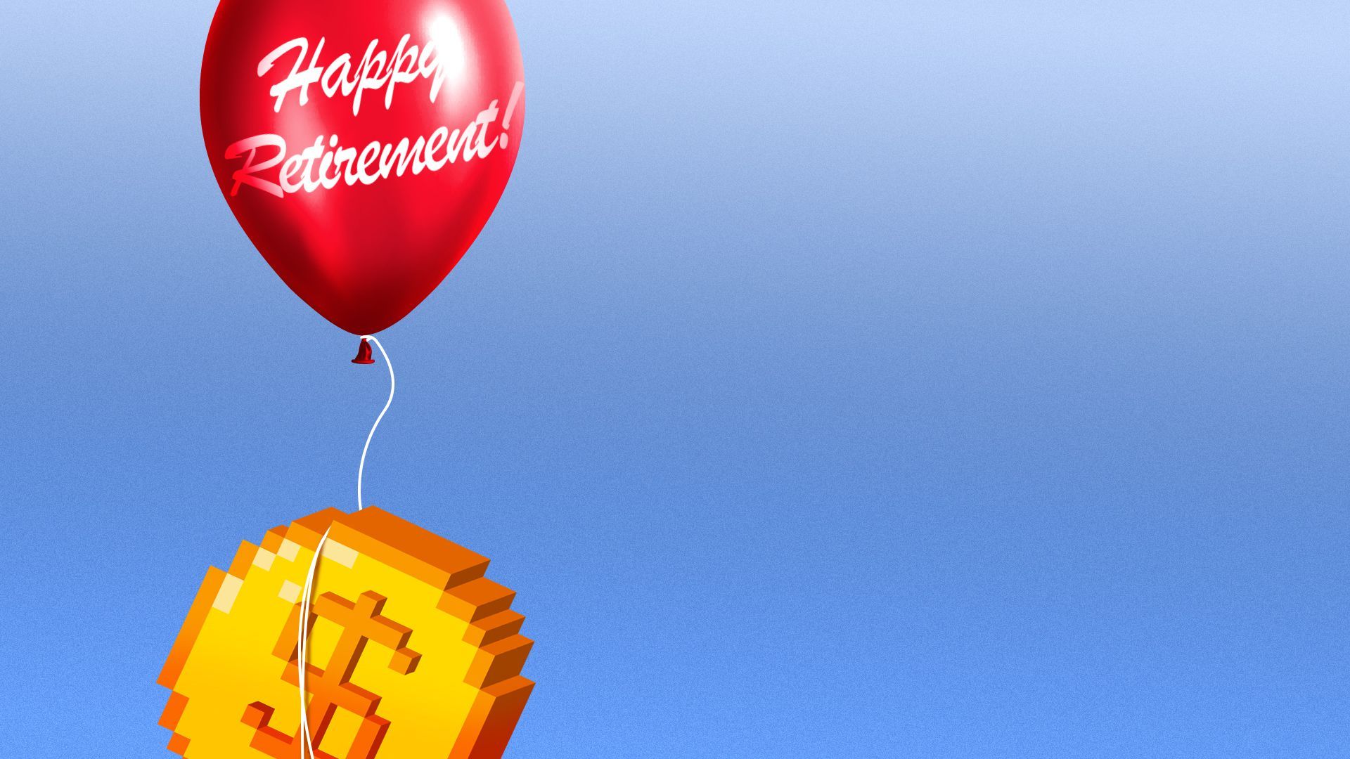 Illustration of an 8-bit gold coin attached to a balloon that reads "Happy Retirement!"