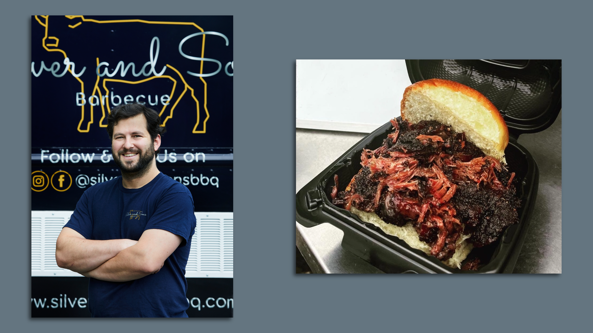 Chef Jarrad Silver (left) and a barbecue sandwich