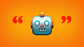 Illustration of a robot emoji inside quotation marks. 