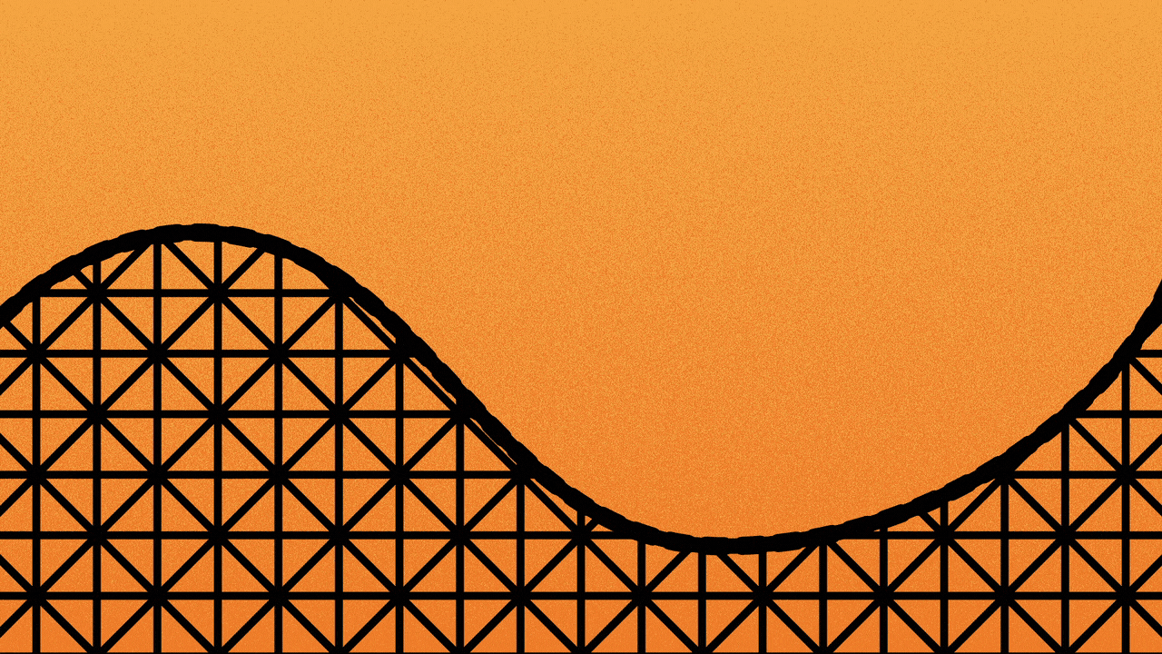 Illustration of a rollercoaster with salt and pepper shakers instead of cars. 