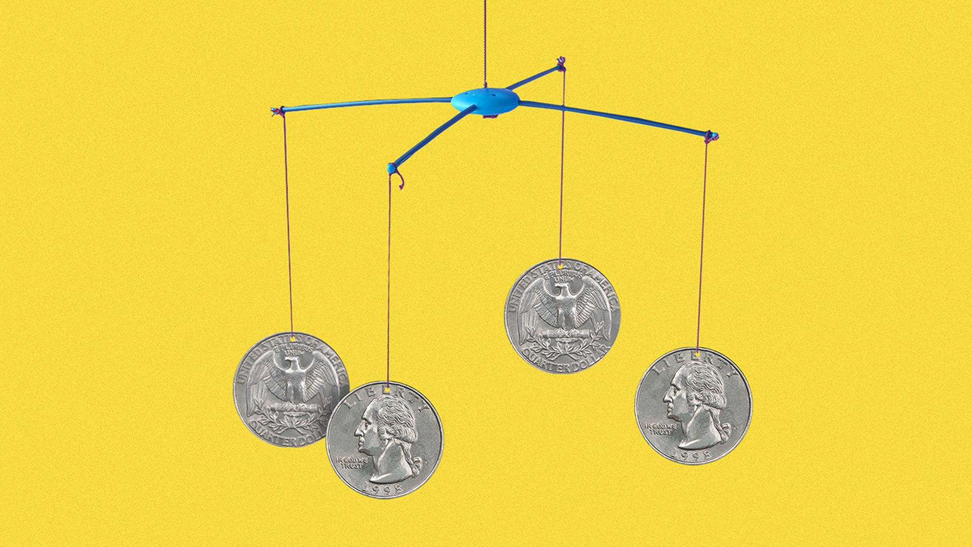 Illustration of a baby mobile with quarters on it.