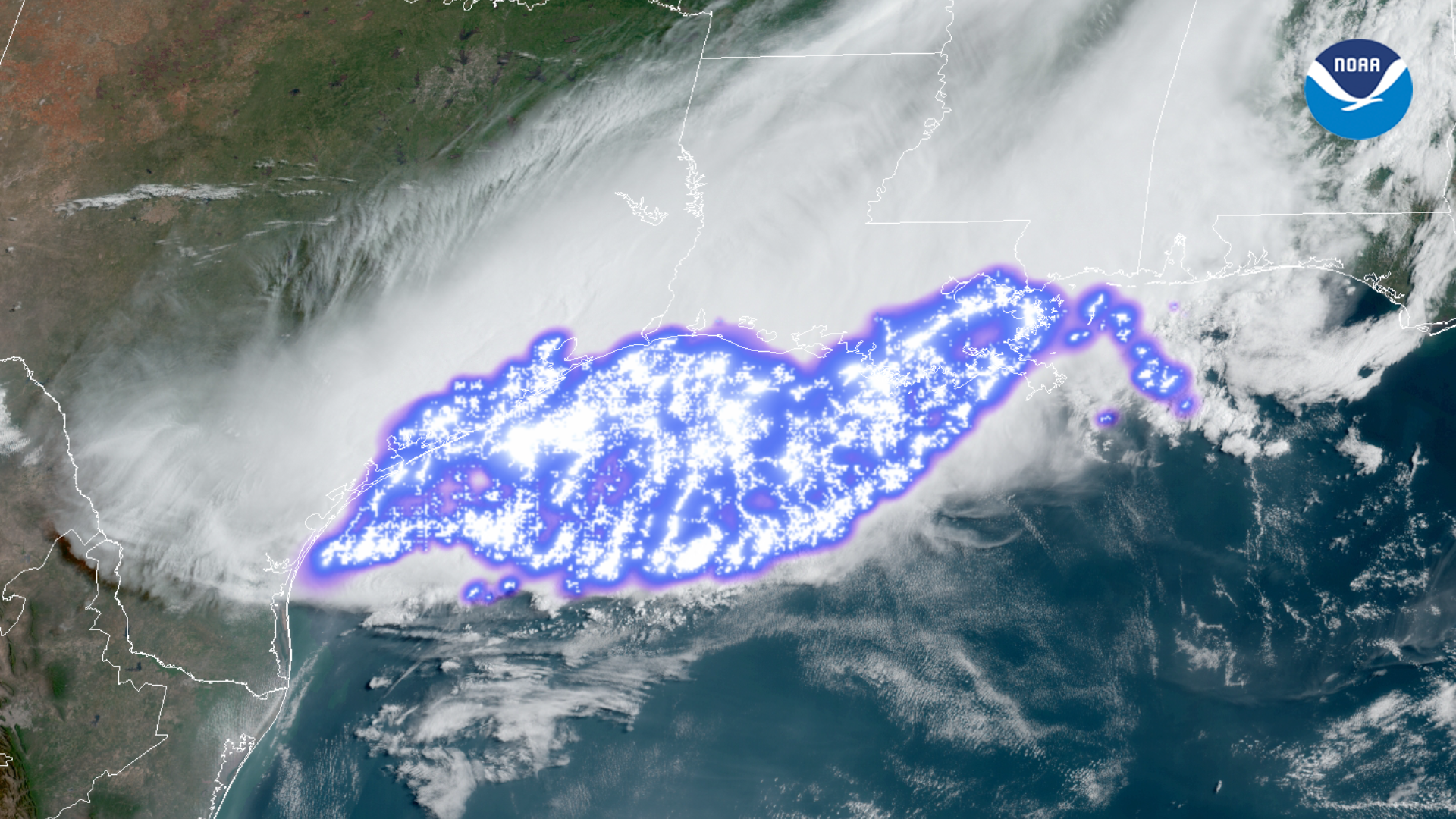 An image of the storms that produced the longest lightning flash capture by a NOAA satellite from April 29, 2020.