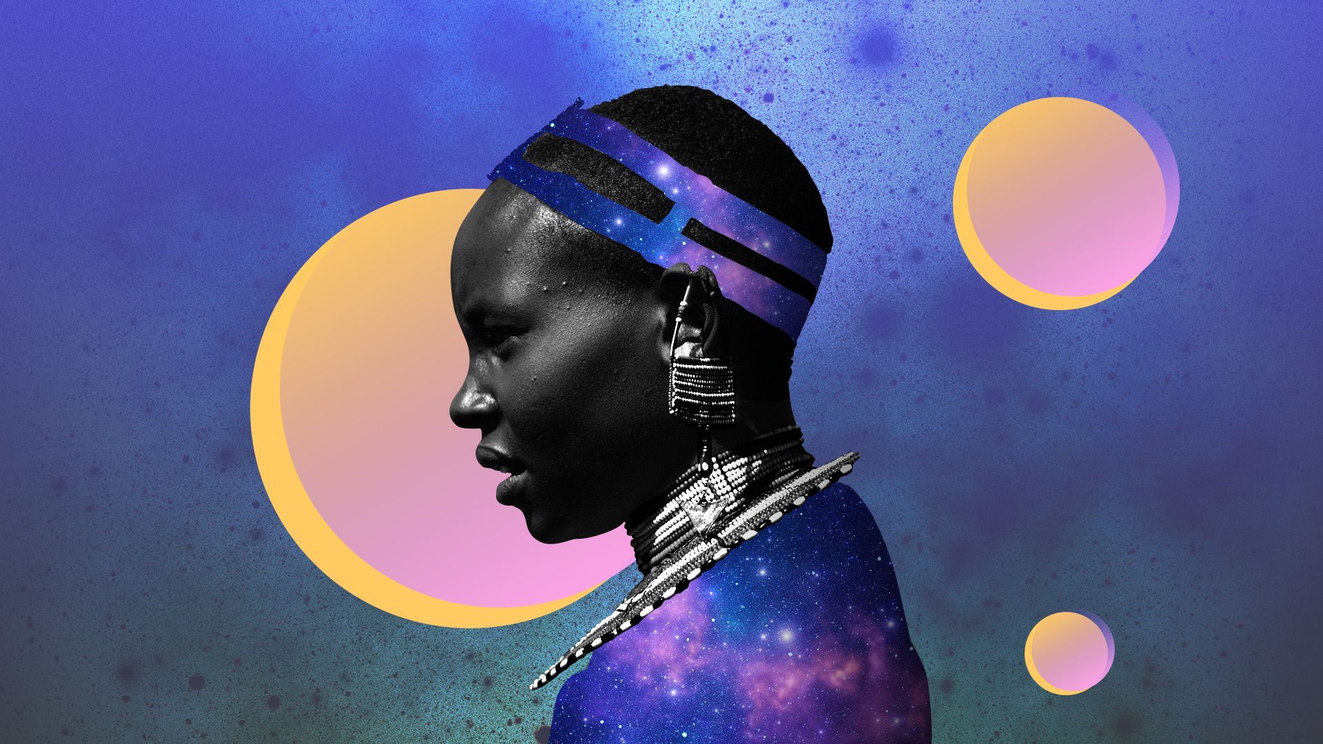 Photo illustration of a Masaï woman juxtaposed with images of galaxies and colorful planets. 