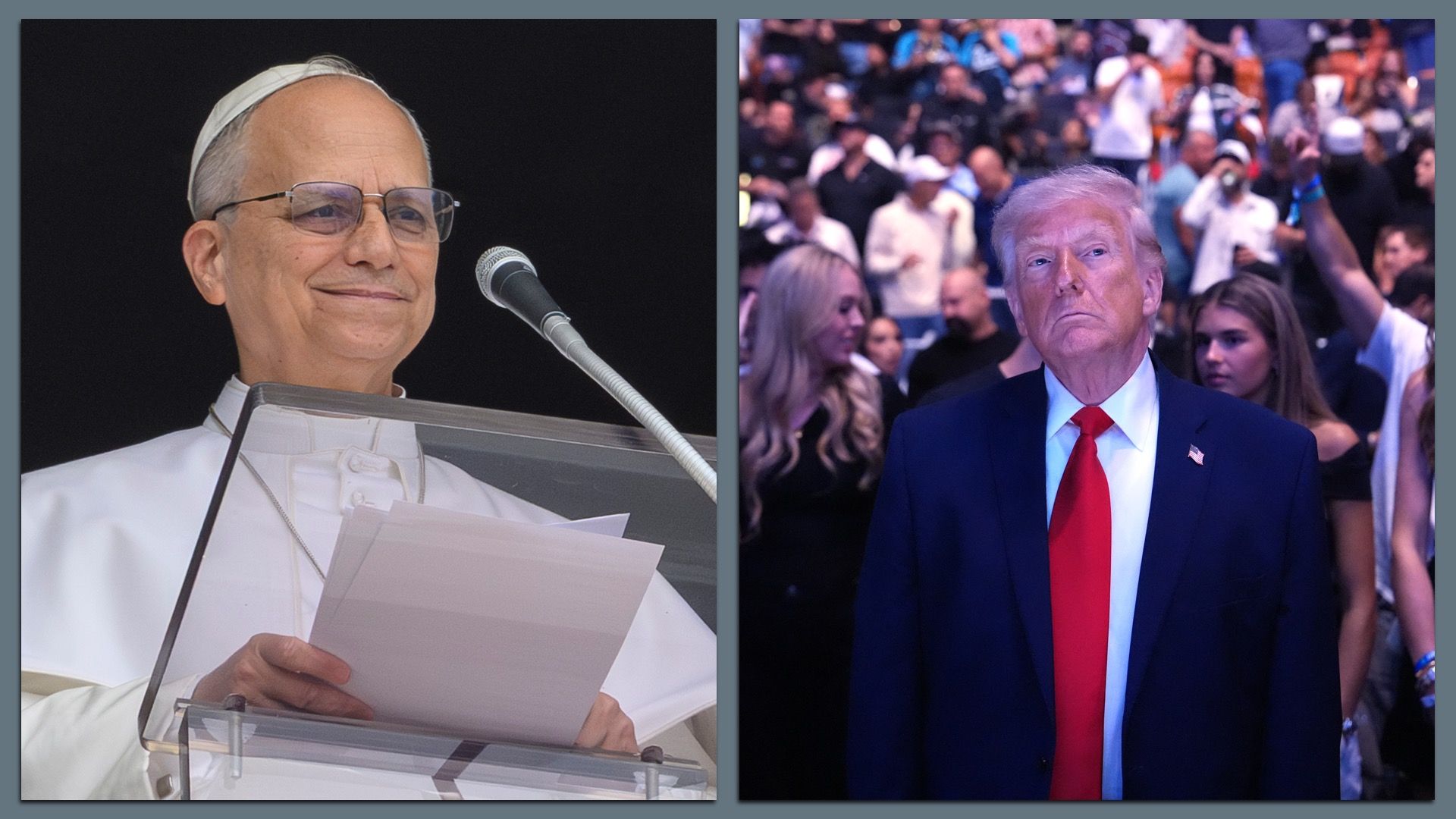 Split image: left shows Pope Francis in white robes at a podium with a microphone; right shows Donald Trump in a navy suit and red tie amid a cheering crowd.