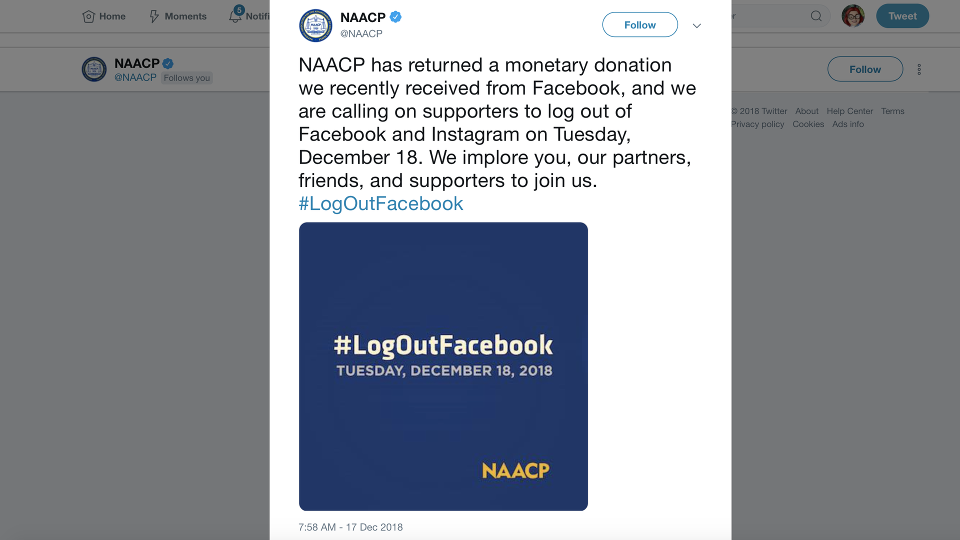 A tweet from the NAACP calling on supporters to boycott Facebook on Tuesday.