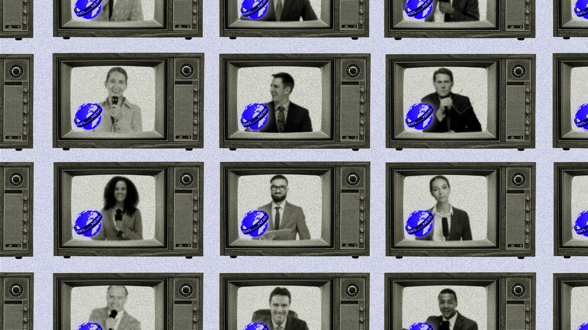 Illustration of a pattern of old television screens with a reporter and a world news logo in each screen.