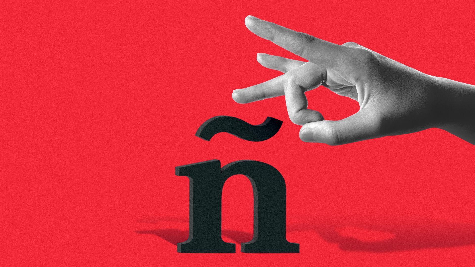 Illustration of a hand flicking the tilde accent mark off of a letter "n". 