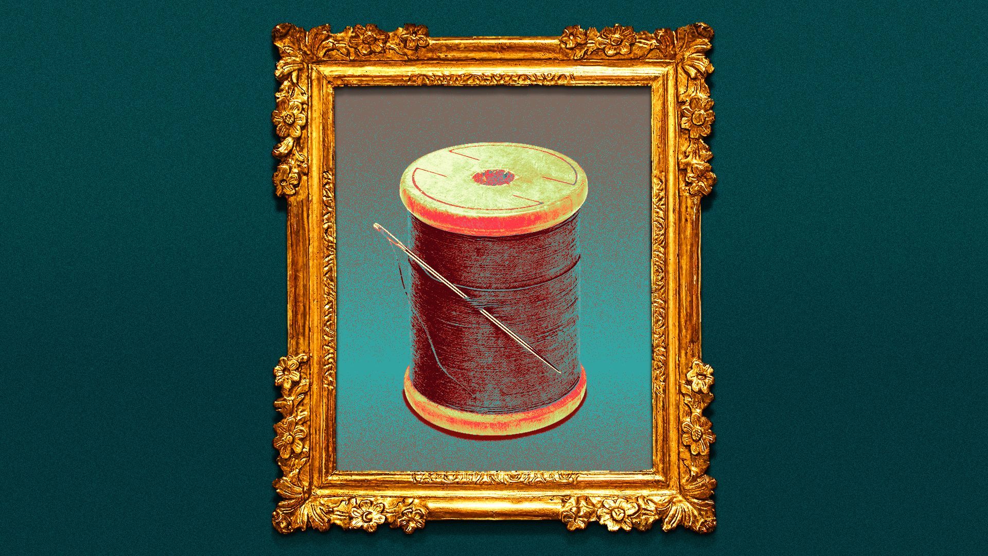 Illustration of an art frame with an image of a spool of thread and a needle in it.