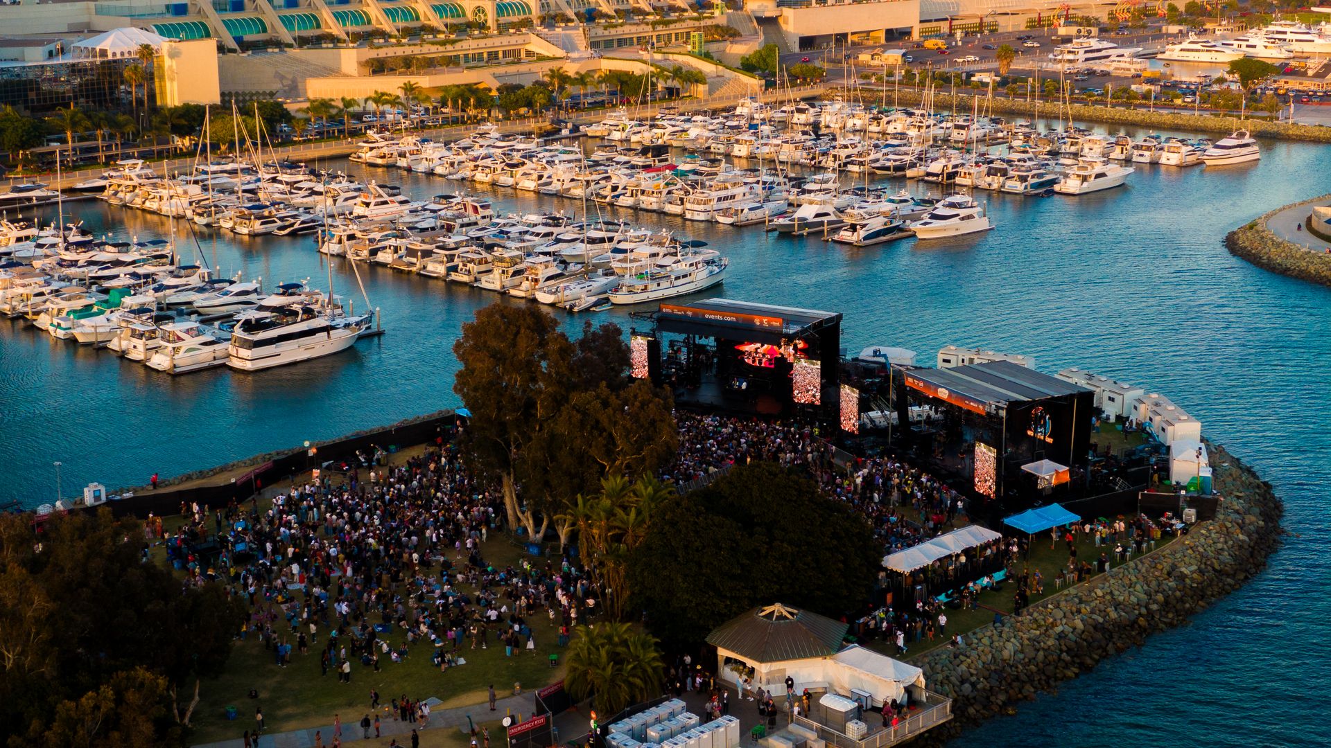 The Embarcadero Park North peninsula with the marina and San Diego Convention Center behind it