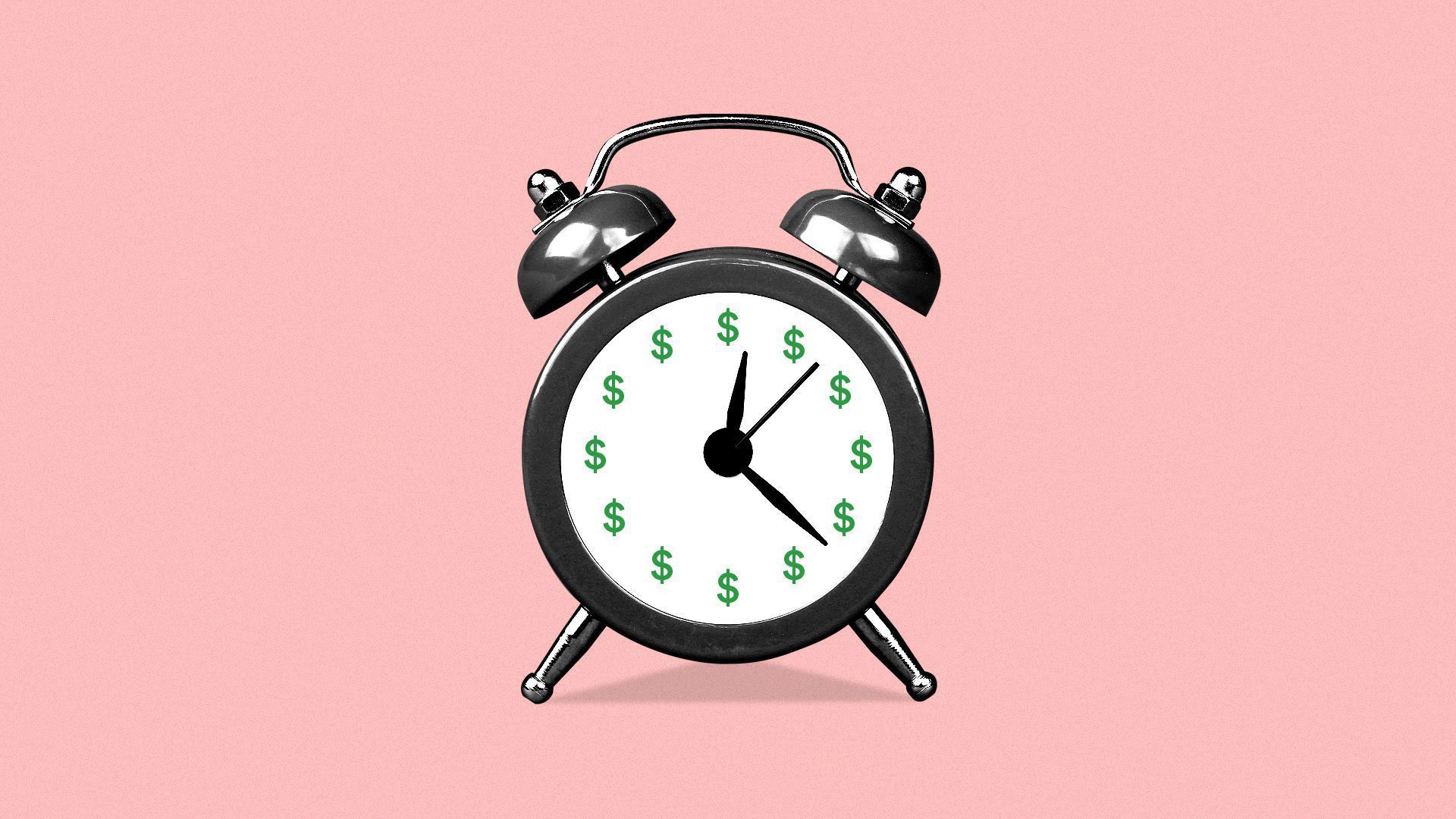 Illustration of a clock with money signs instead of numbers