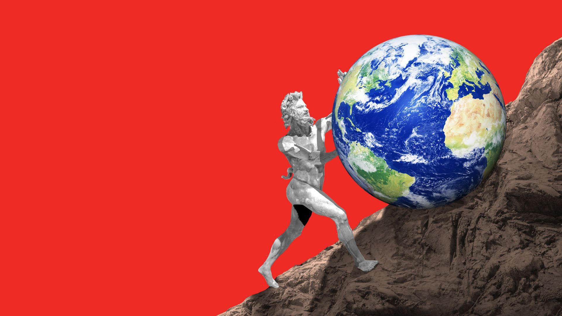 Illustration of statue pushing a globe up a mountain.