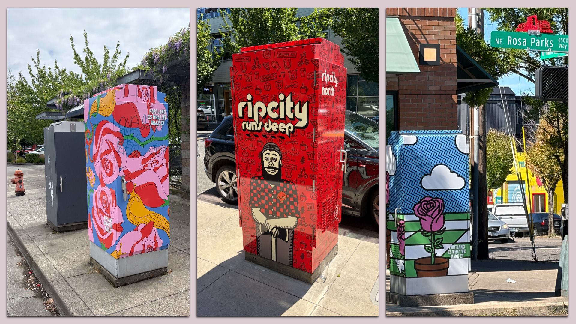 Triptych of painted utility boxes along a sidewalk: left box with a bright floral mural; middle red box featuring bold lipcity lettering and a bearded figure; right blue box with clouds and a pink rose, near a Rosa Parks Way street sign.