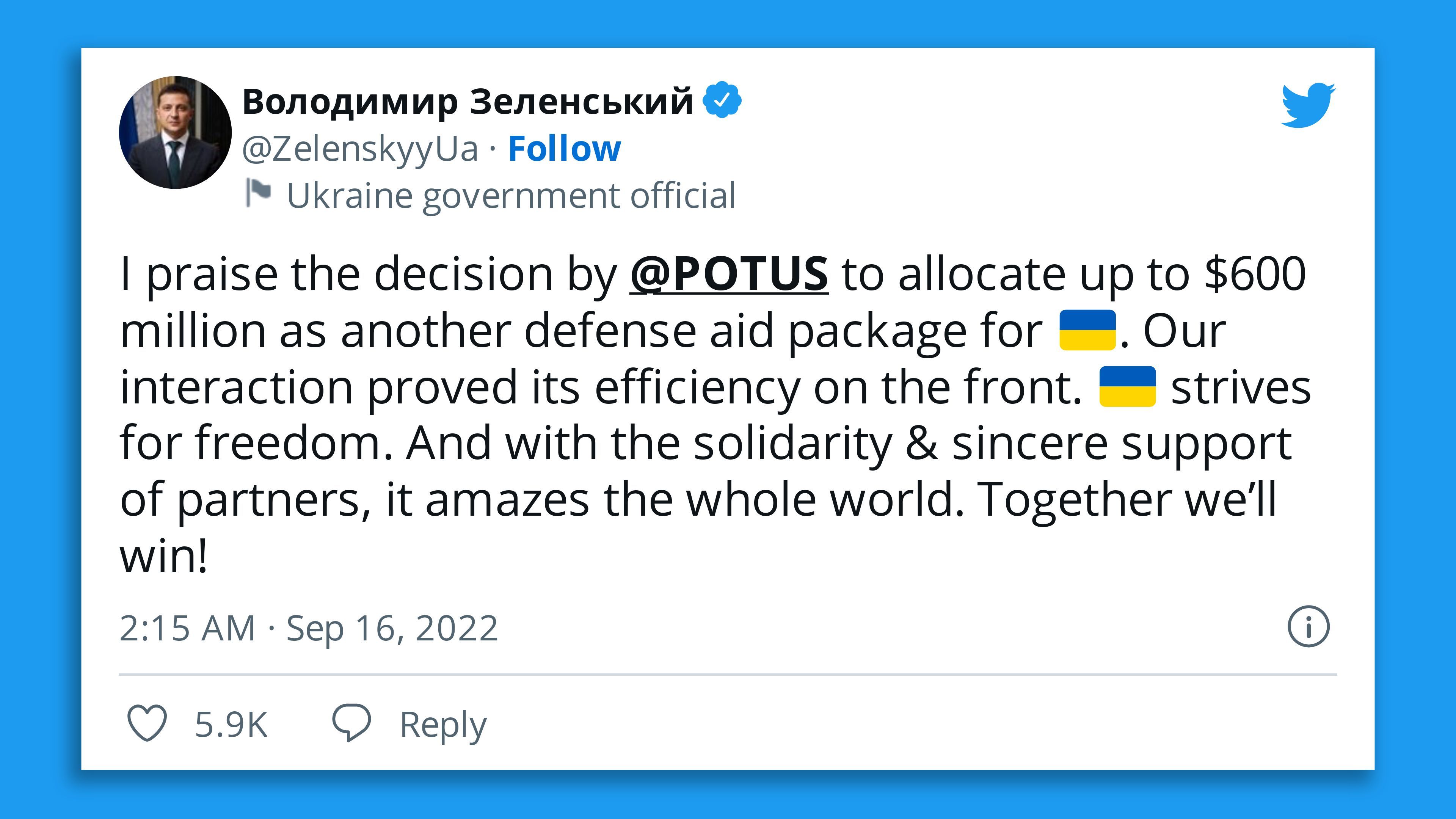 A tweet from Ukraine's President Volodymyr Zelensky praising the Biden administration for the new military aid package.