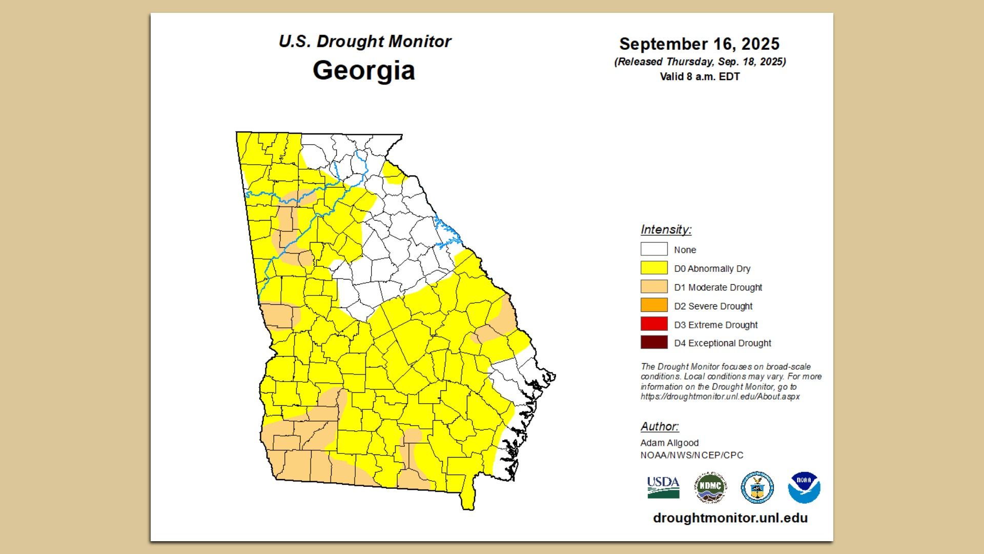 Map of Georgia showing drought intensity on September 16, 2025. Areas mostly yellow (Abnormally Dry) in rural and parts of metro Atlanta with some light orange patches indicating Moderate Drought in the southwest and west metro Atlanta. No severe or extreme drought.