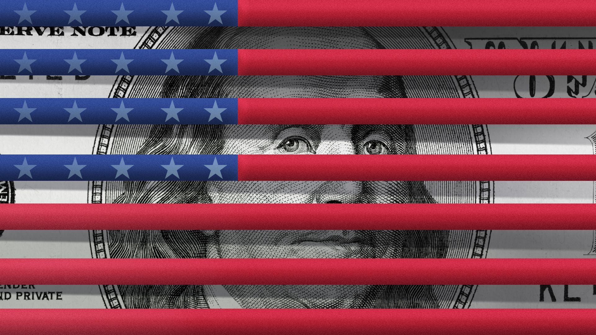 Illustration of the U.S. flag as venetian blinds over a hundred dollar bill