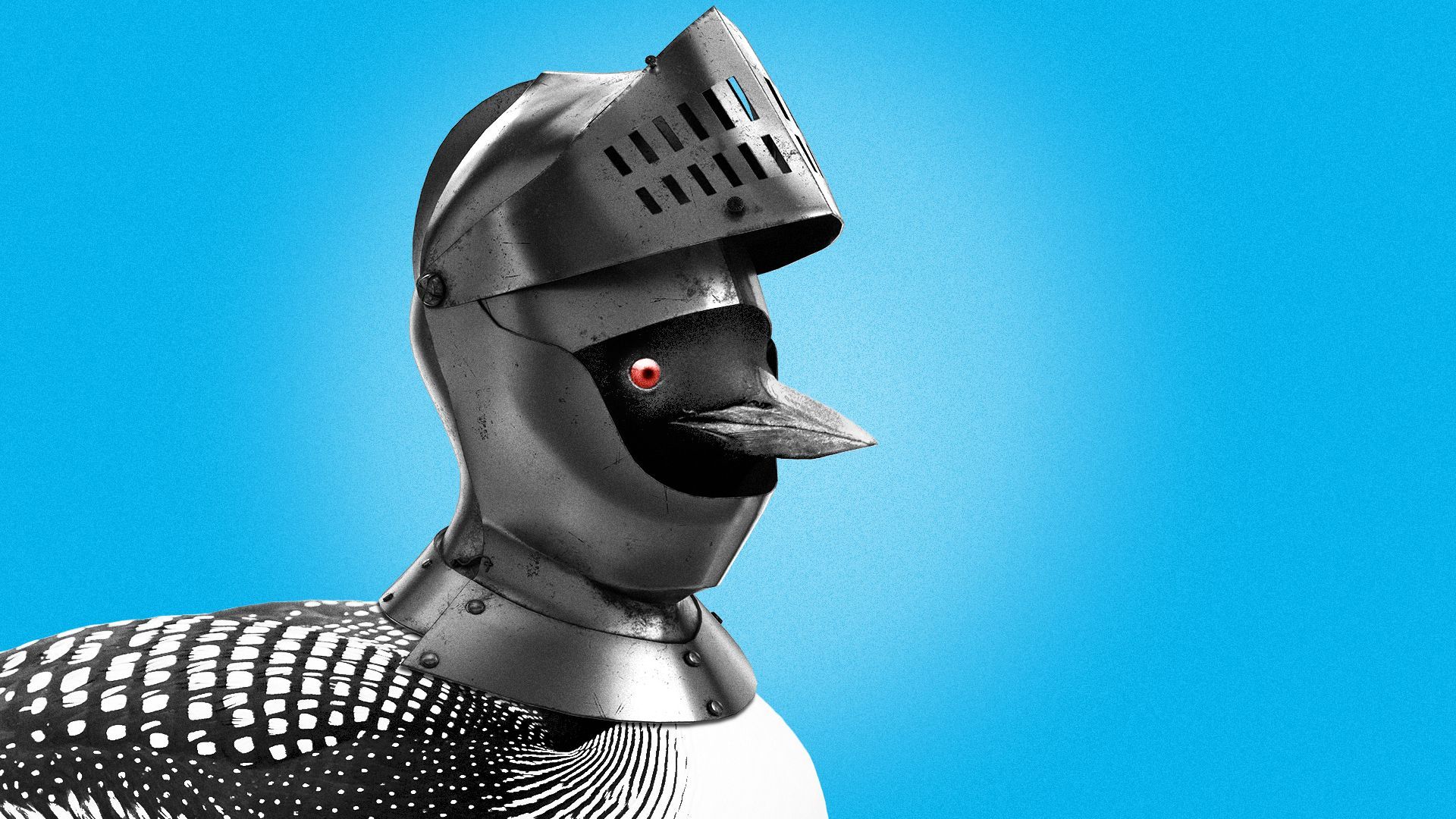 Illustration of a loon wearing a knight's helmet.