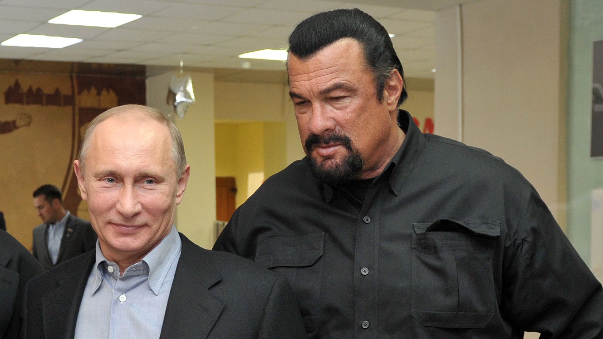 Russia's President Vladimir Putin and American action movie actor Steven Seagal visit a newly-built sports complex of Sambo-70 prominent wrestling school in Moscow.