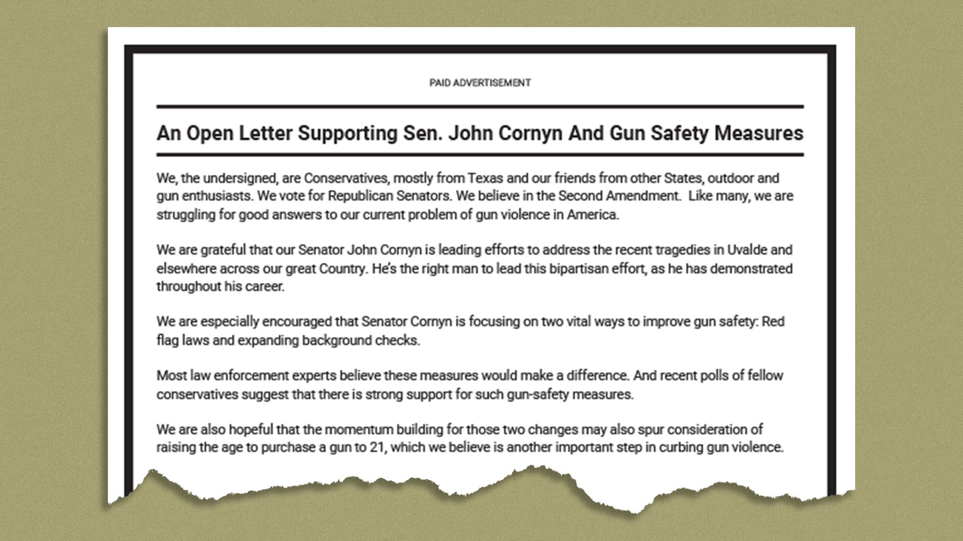Ad of Texas GOP donors supporting Cornyn gun control talks