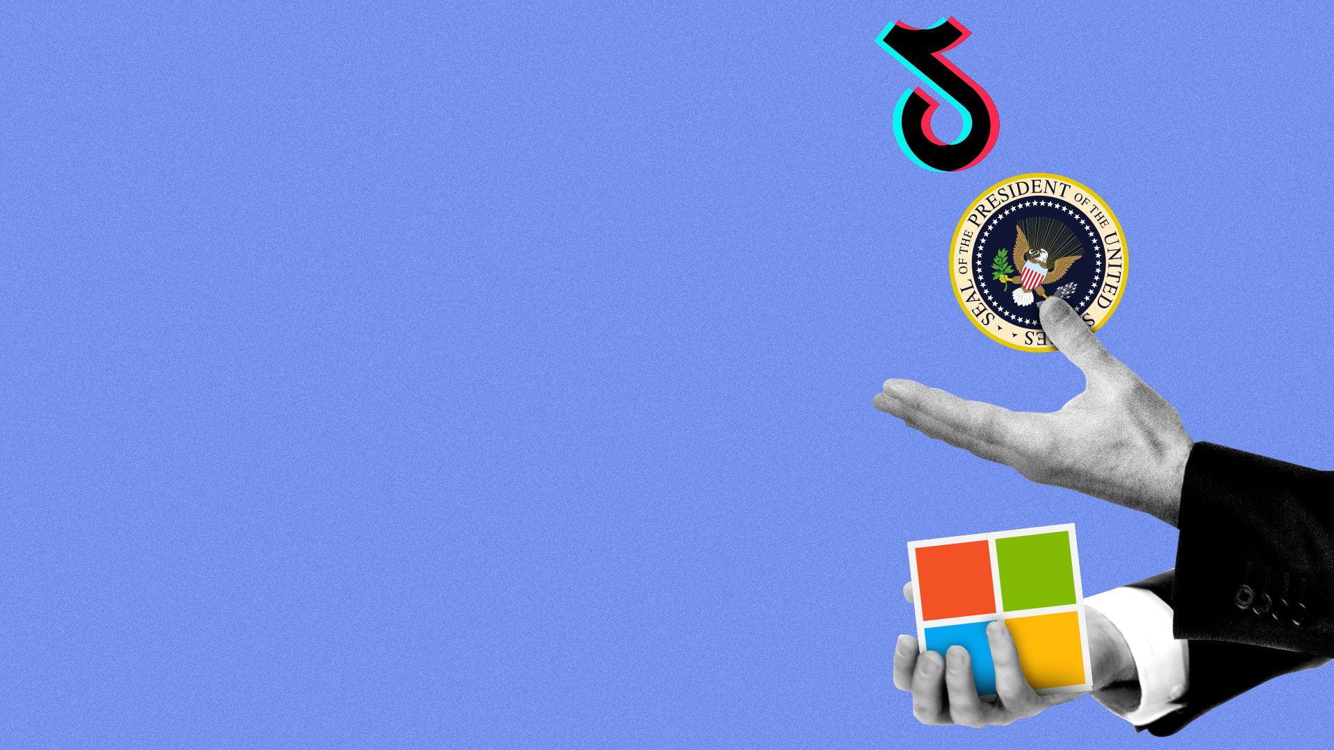 Illustration of hands juggling the Tik Tok logo, the Microsoft logo and the presidential seal.   