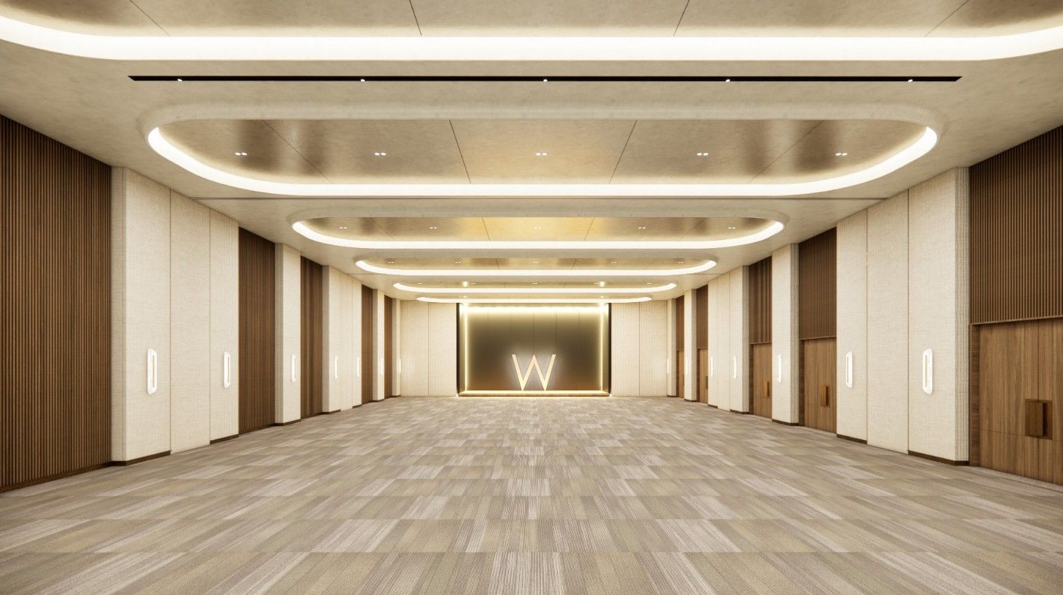A spacious, modern hotel-like corridor with beige walls and wood paneling, circular ceiling lights, and a back wall with a glowing W logo in warm light.