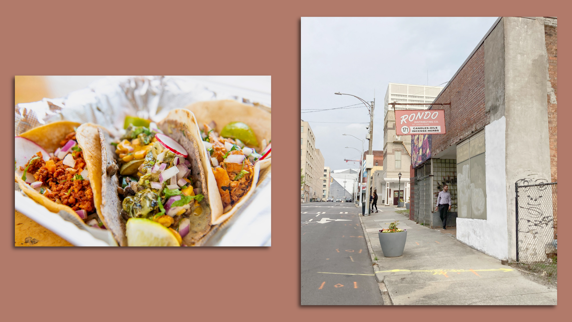 Side by side photos of a trio of soft tacos topped with lime slices and an old one-story building in an urban environment