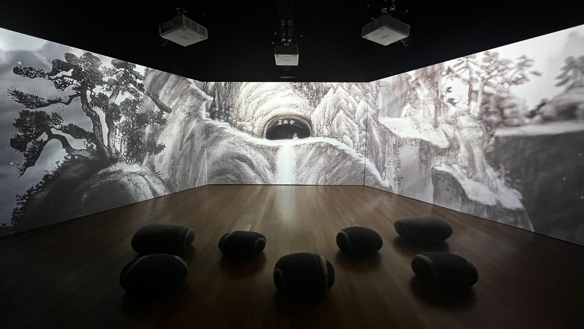 Inside an immersive, digital mountain exhibit. 