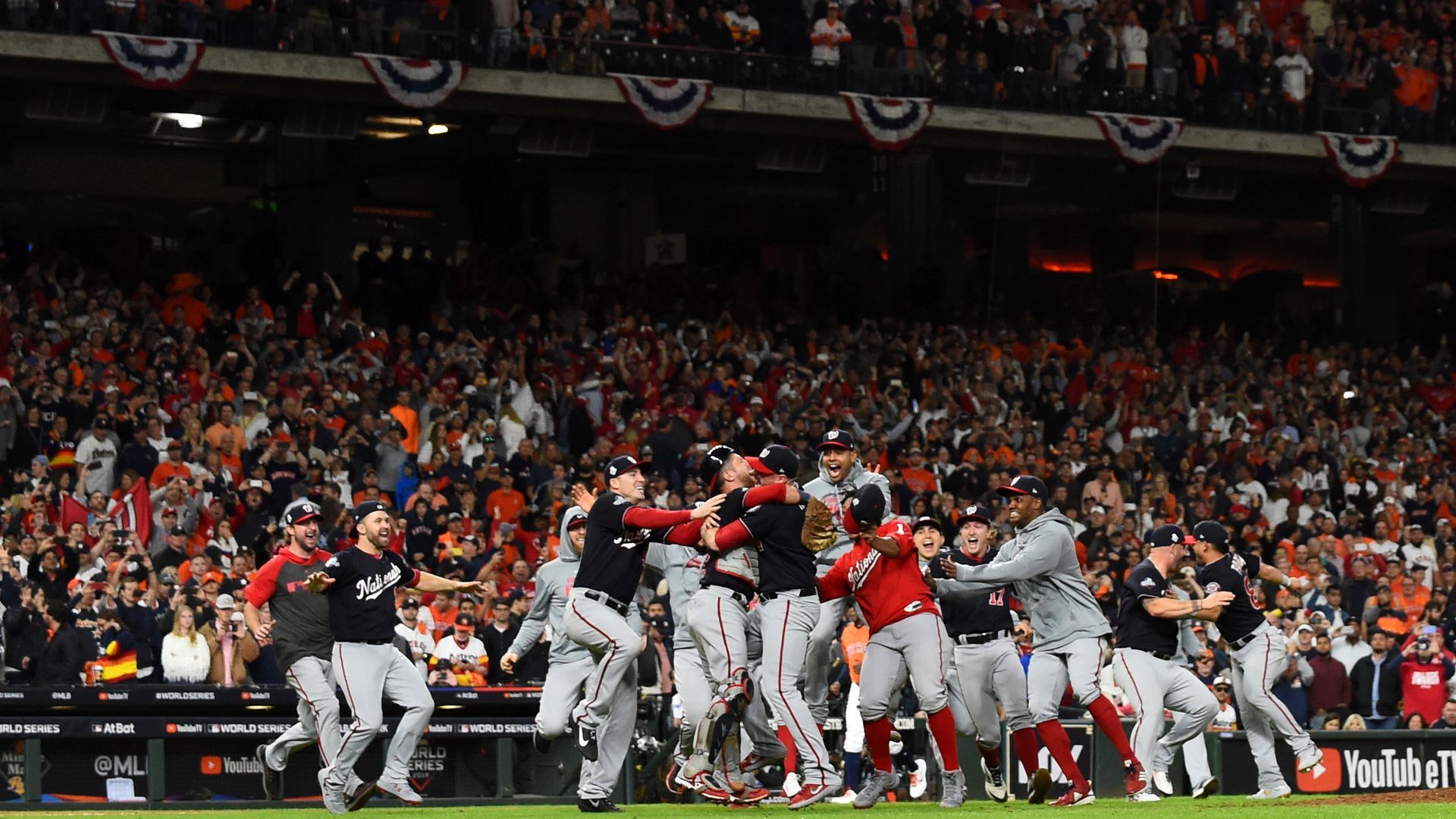 he Washington Nationals celebrate after beating the Houston Astros in Game 7 to win the 2019 World Series at Minute Maid Park in Houston Wednesday. 