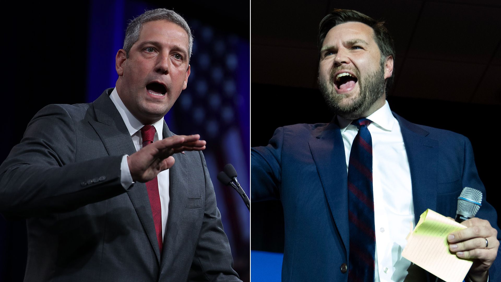 Side-by-side photos of Ohio Senate candidates Rep. Tim Ryan and J.D. Vance speaking.