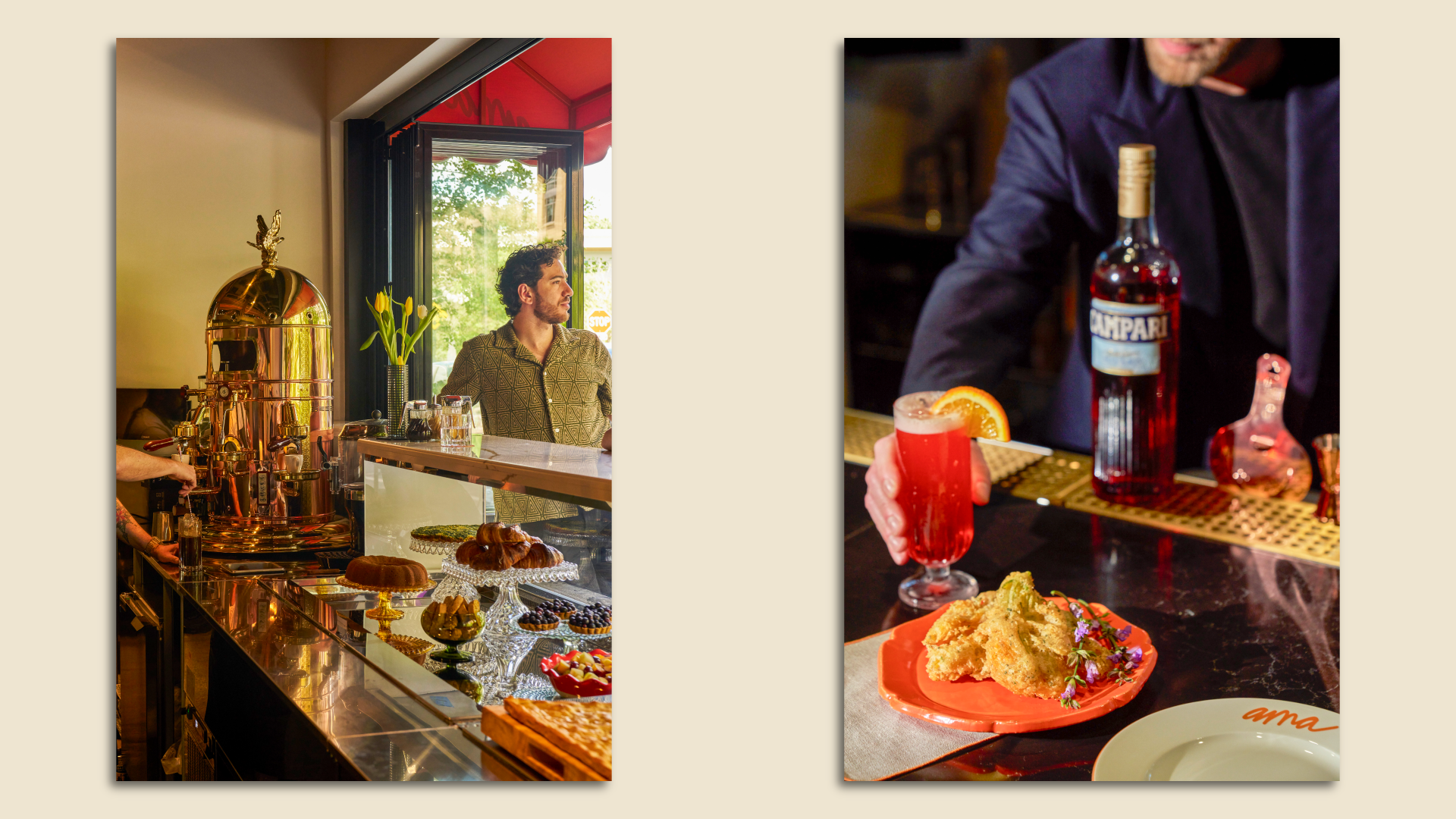 A counter with pastries (left) and snacks with a red drink