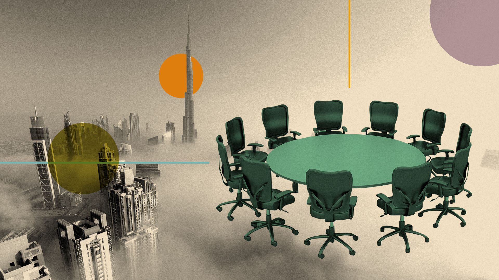 Photo illustration of a meeting table over a photo of the Dubai skyline, with circles and lines around them