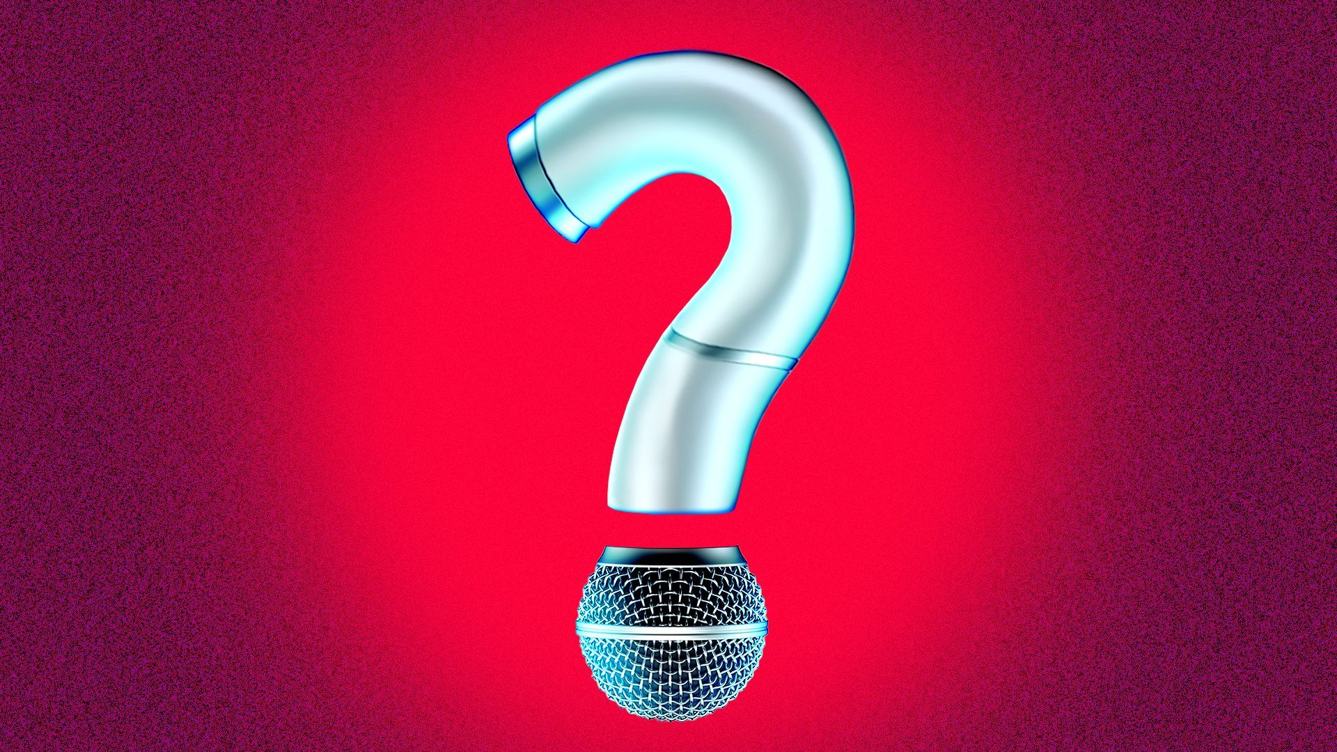 Illustration of an upside down microphone shaped like a question mark.