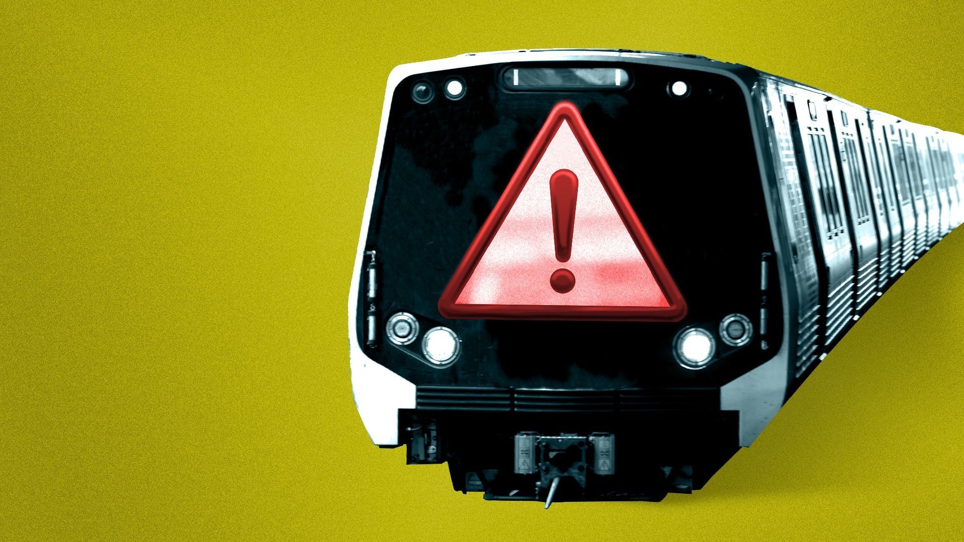 Illustration of a Metro train with a front window shaped like a danger sign.