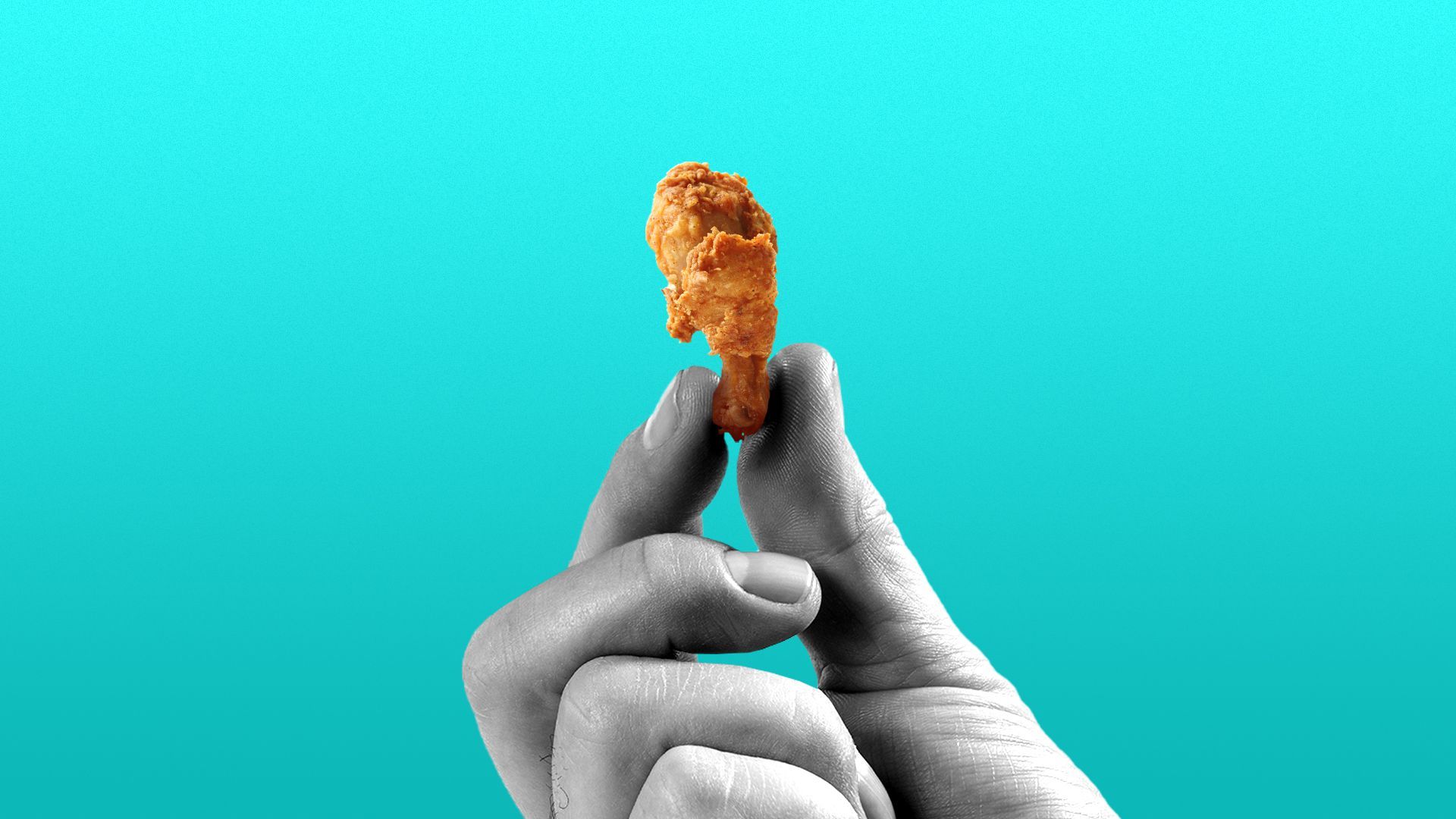 Illustration of a hand holding a tiny piece of fried chicken
