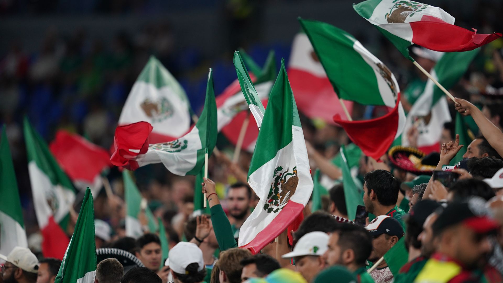 Fans of Team Mexico with flags during the FIFA World Cup Qatar 2022 group C match between Mexico and Poland