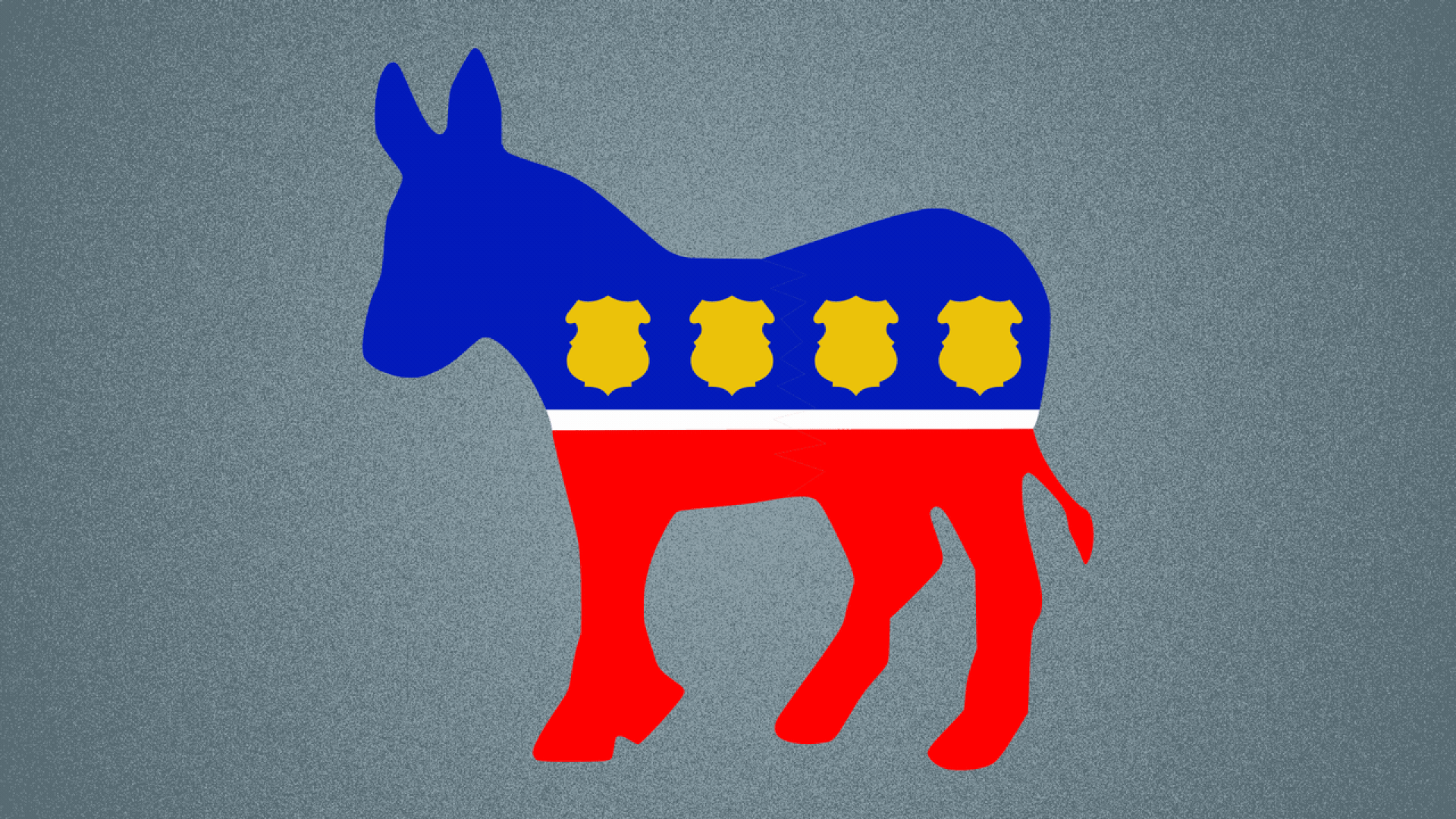 Illustration of the Democratic donkey logo, with police badges instead of stars, splitting in half.
