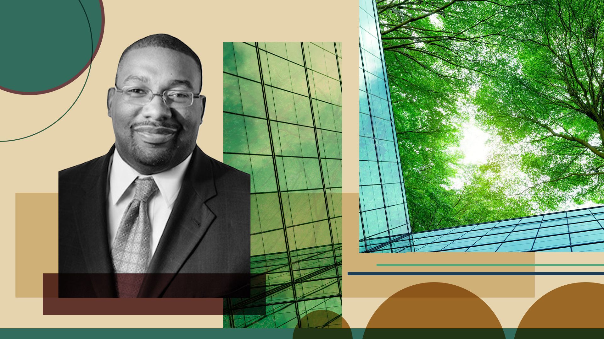 Photo illustration of Trenton Allen, CEO of Sustainable Capital Advisors, with a building and trees and abstract shapes.