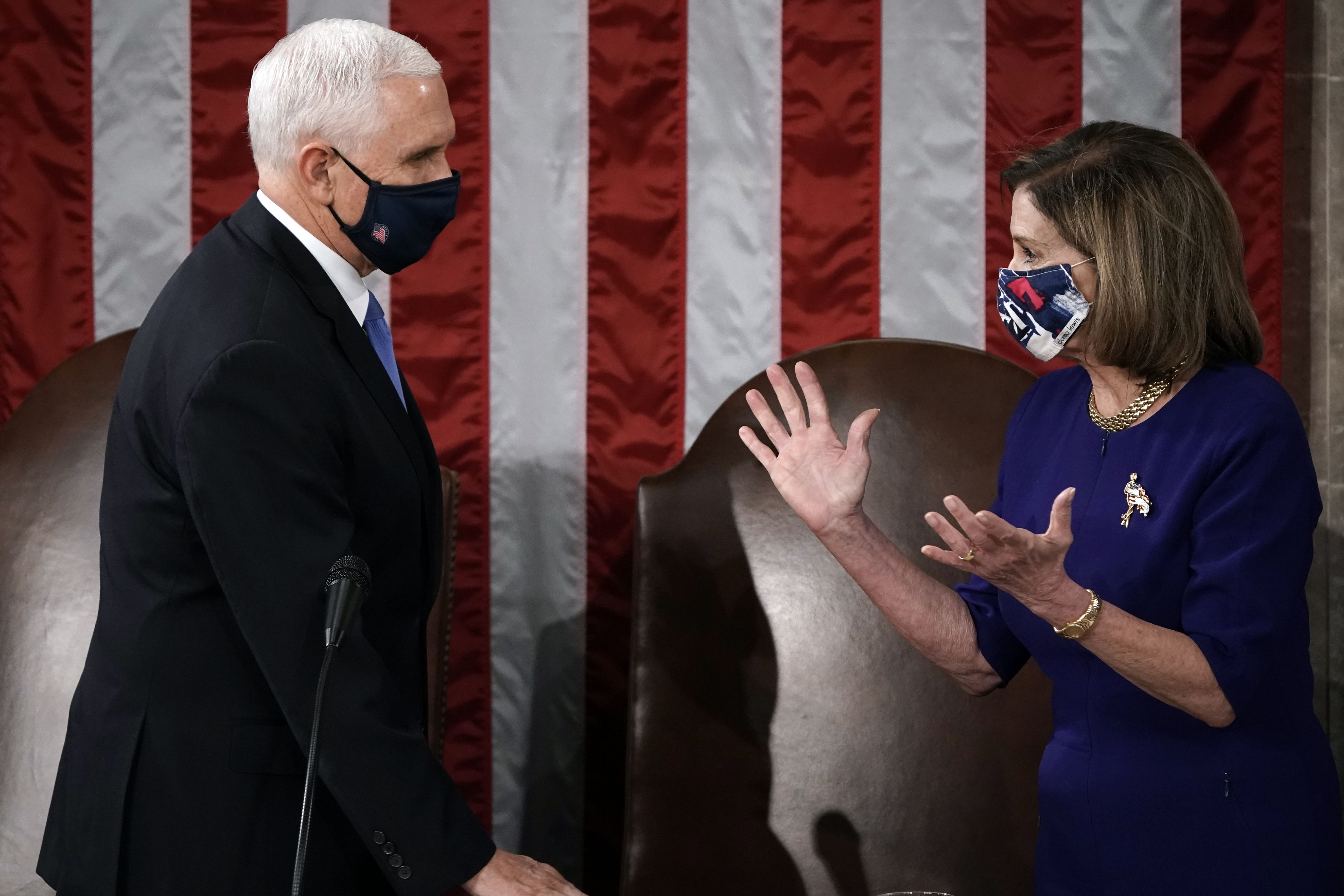 Vice President Pence talks with House Speaker Nancy Pelosi before the start of today's Joint Session.