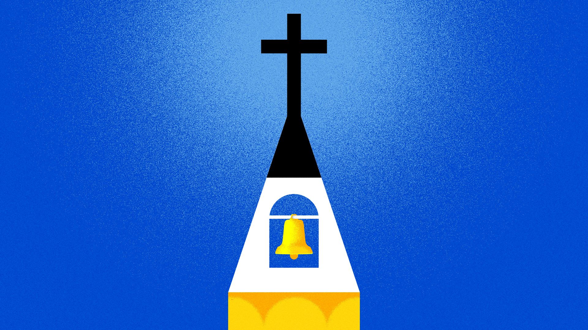 Illustration of a pencil stylized as a church steeple with a large cross on top. 